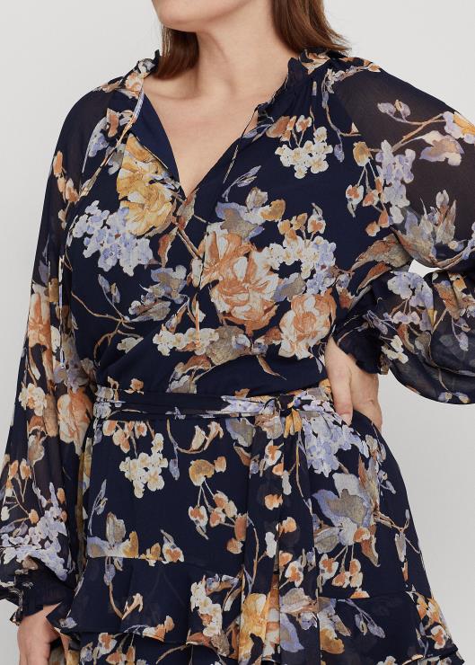 vestido de georgette arrugado con cinturón floral mujer azul marino multi Ralph Lauren 2XR2V4670