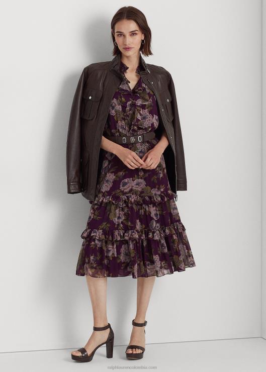 vestido de georgette arrugado con cinturón floral mujer púrpura multi Ralph Lauren 2XR2V9588