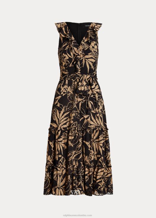 vestido de georgette arrugado con estampado mujer negro/tostado Ralph Lauren 2XR2V4875
