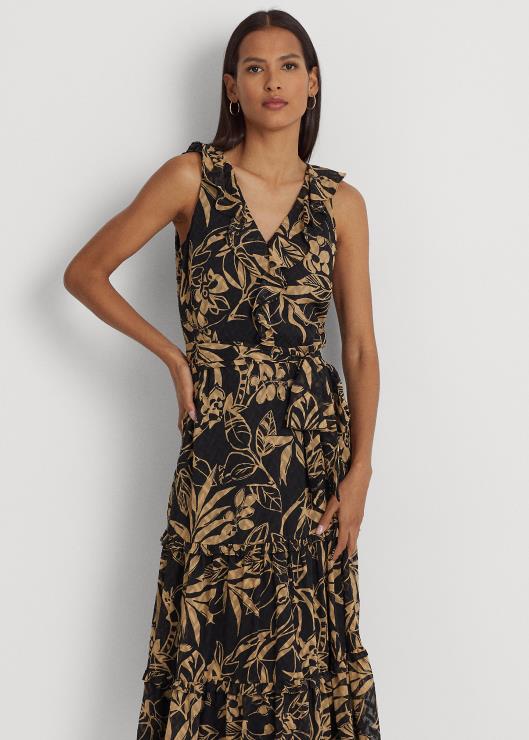 vestido de georgette arrugado con estampado mujer negro/tostado Ralph Lauren 2XR2V4875