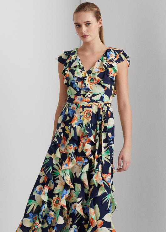 vestido de georgette arrugado floral mujer azul marino multi Ralph Lauren 2XR2V9554