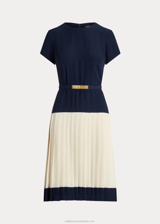 vestido de georgette con cinturón de dos tonos mujer azul marino refinado/crema Ralph Lauren 2XR2V4837