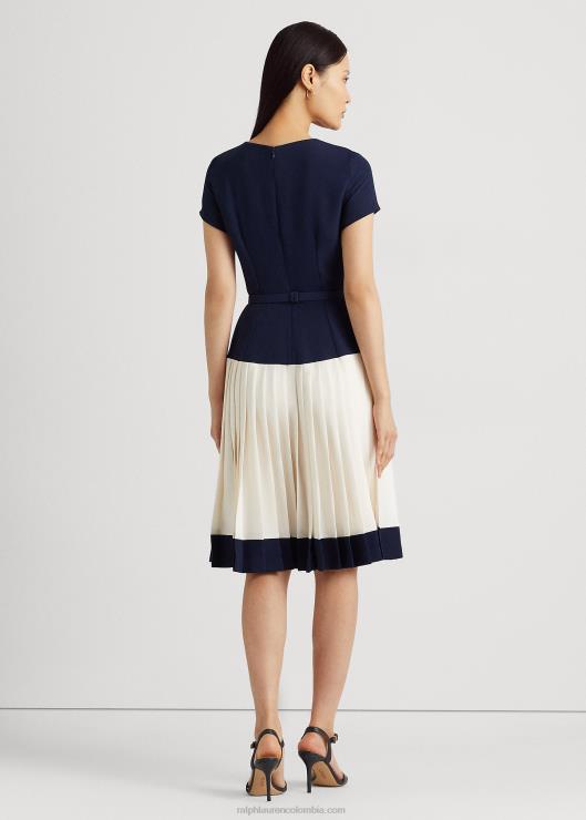 vestido de georgette con cinturón de dos tonos mujer azul marino refinado/crema Ralph Lauren 2XR2V4837
