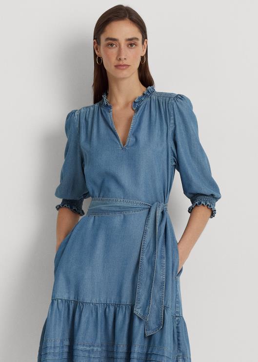 vestido de mezclilla con cinturón y manga farol mujer lavado de arroyo salado Ralph Lauren 2XR2V3962
