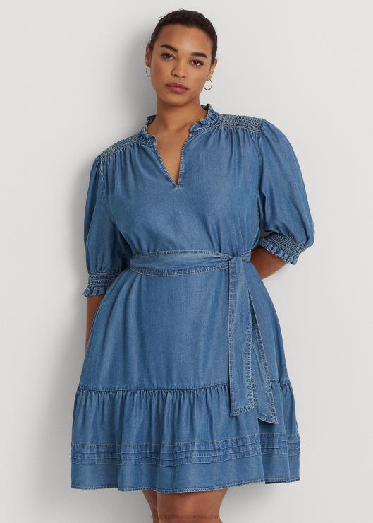 vestido de mezclilla con cinturón y manga farol mujer lavado de arroyo salado Ralph Lauren 2XR2V4619