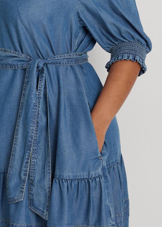 vestido de mezclilla con cinturón y manga farol mujer lavado de arroyo salado Ralph Lauren 2XR2V4619