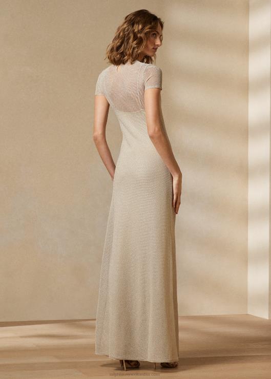 vestido de noche de manga corta de malla mujer champán Ralph Lauren 2XR2V3523