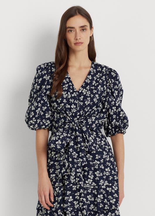 vestido estampado con mangas farol y lazo en la parte delantera mujer azul marino/crema Ralph Lauren 2XR2V4371