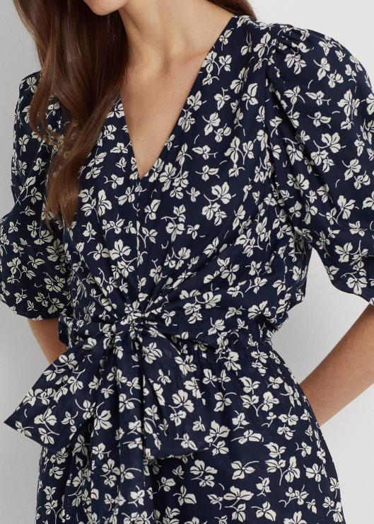 vestido estampado con mangas farol y lazo en la parte delantera mujer azul marino/crema Ralph Lauren 2XR2V4371