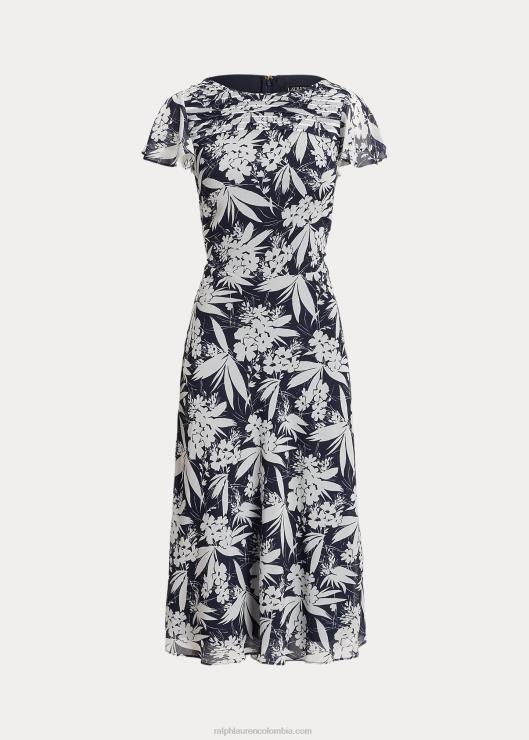 vestido floral de georgette arrugado mujer azul marino/blanco Ralph Lauren 2XR2V9556