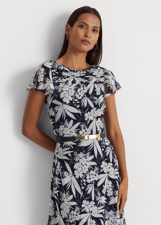 vestido floral de georgette arrugado mujer azul marino/blanco Ralph Lauren 2XR2V9556