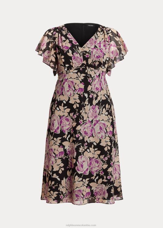 vestido floral de georgette arrugado mujer negro/lavanda/crema Ralph Lauren 2XR2V4776
