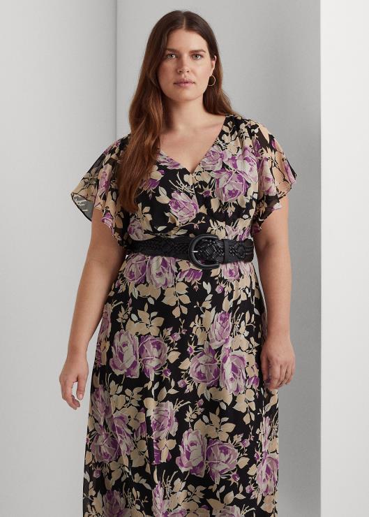 vestido floral de georgette arrugado mujer negro/lavanda/crema Ralph Lauren 2XR2V4776