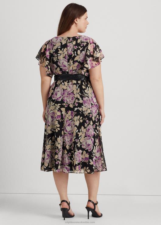 vestido floral de georgette arrugado mujer negro/lavanda/crema Ralph Lauren 2XR2V4776