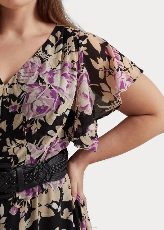 vestido floral de georgette arrugado mujer negro/lavanda/crema Ralph Lauren 2XR2V4776