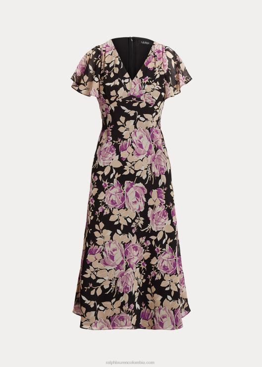 vestido floral de georgette arrugado mujer negro/lavanda/crema Ralph Lauren 2XR2V9522