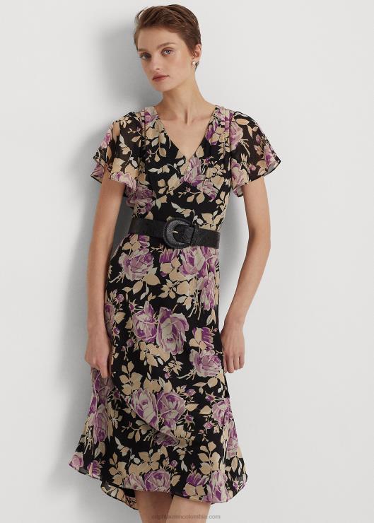 vestido floral de georgette arrugado mujer negro/lavanda/crema Ralph Lauren 2XR2V9522