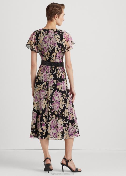 vestido floral de georgette arrugado mujer negro/lavanda/crema Ralph Lauren 2XR2V9522