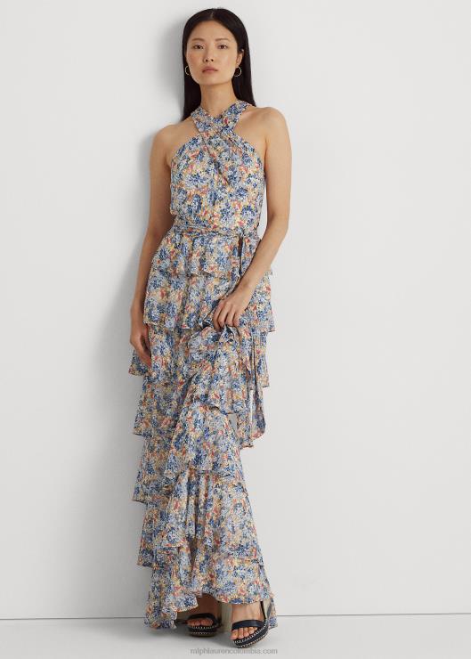 vestido halter de georgette arrugado floral mujer azul/rosa multicolor Ralph Lauren 2XR2V3982