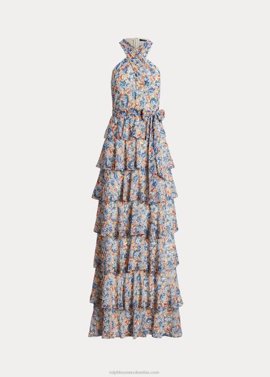 vestido halter de georgette arrugado floral mujer azul/rosa multicolor Ralph Lauren 2XR2V3982