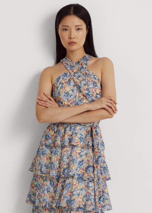 vestido halter de georgette arrugado floral mujer azul/rosa multicolor Ralph Lauren 2XR2V3982