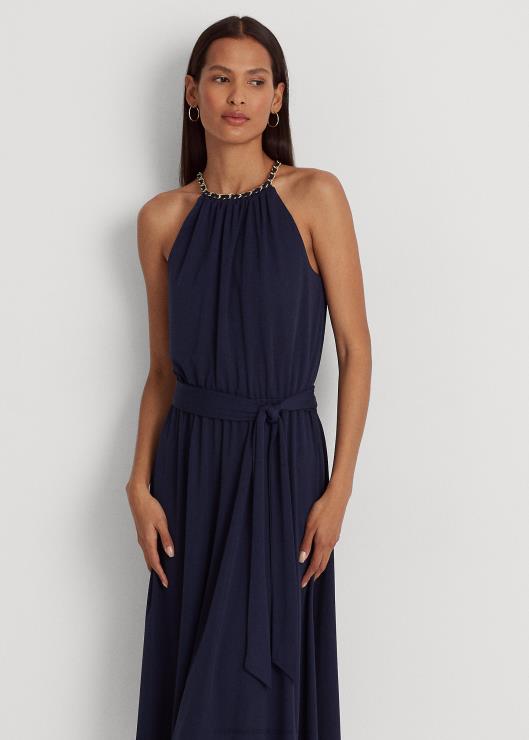 vestido halter de jersey elástico con cinturón mujer azul marino refinado Ralph Lauren 2XR2V4004
