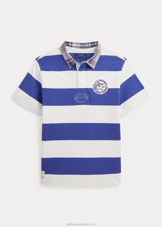 camiseta de rugby de manga corta de algodón a rayas niños azul marino real/blanco Ralph Lauren 2XR2V6124