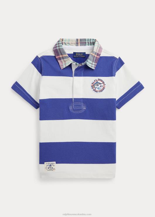camiseta de rugby de manga corta de algodón a rayas niños azul marino real/blanco Ralph Lauren 2XR2V9764