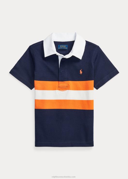 camiseta de rugby de manga corta de algodón a rayas niños crucero azul marino multi Ralph Lauren 2XR2V9794
