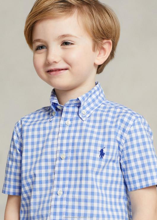 camisa de manga corta de popelina de algodón niños azul blanco Ralph Lauren 2XR2V6425