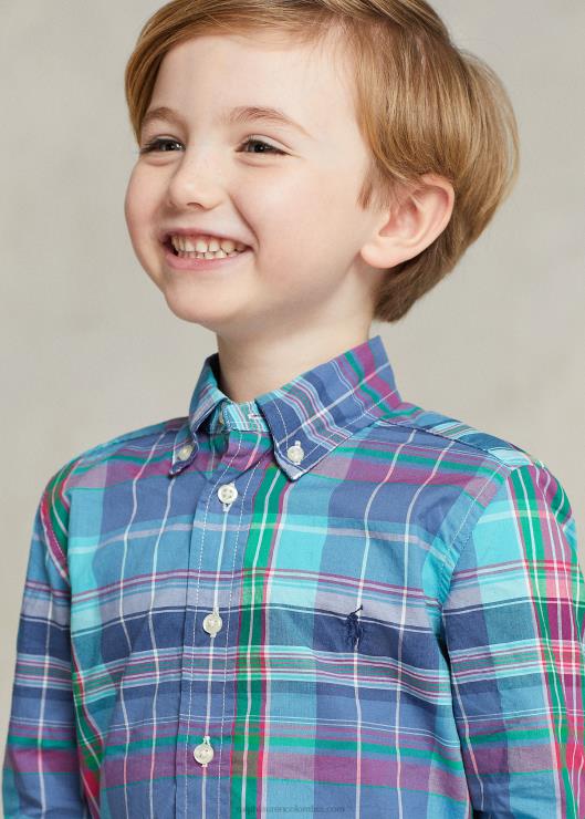 camisa de popelina de algodón a cuadros niños turquesa/rosa oscuro Ralph Lauren 2XR2V6429