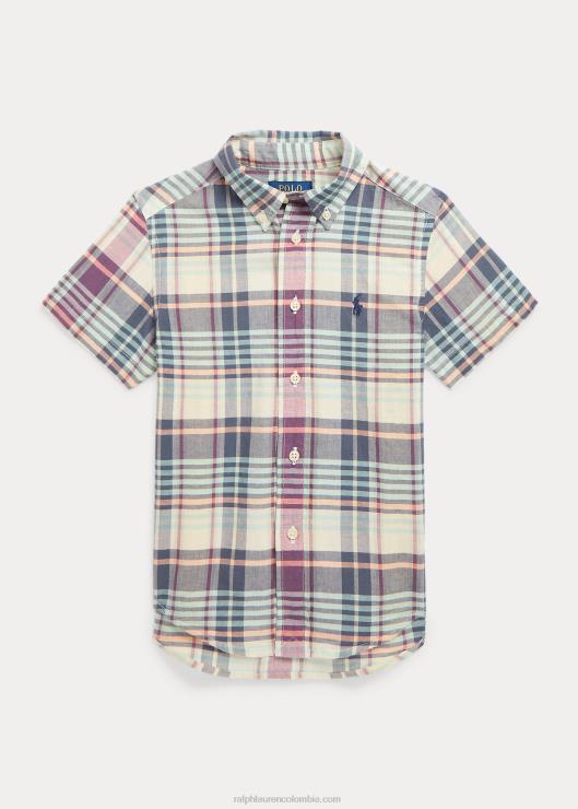 camisa madrás de algodón índigo de manga corta niños crema/azul marino multicolor Ralph Lauren 2XR2V5634