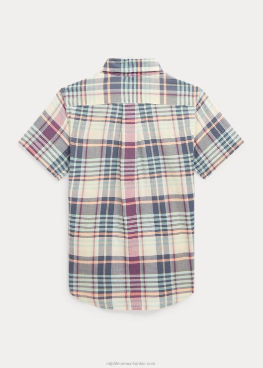 camisa madrás de algodón índigo de manga corta niños crema/azul marino multicolor Ralph Lauren 2XR2V5634