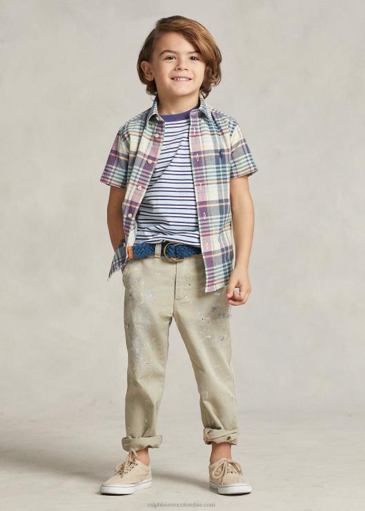 camisa madrás de algodón índigo de manga corta niños crema/azul marino multicolor Ralph Lauren 2XR2V5634
