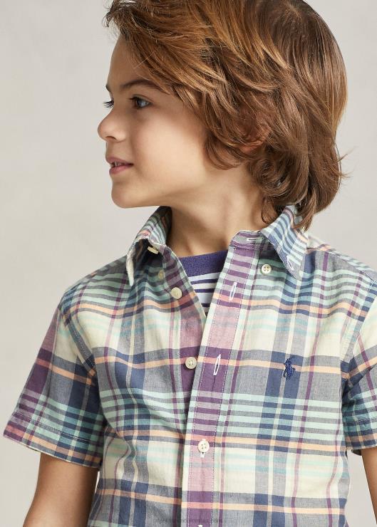 camisa madrás de algodón índigo de manga corta niños crema/azul marino multicolor Ralph Lauren 2XR2V5634