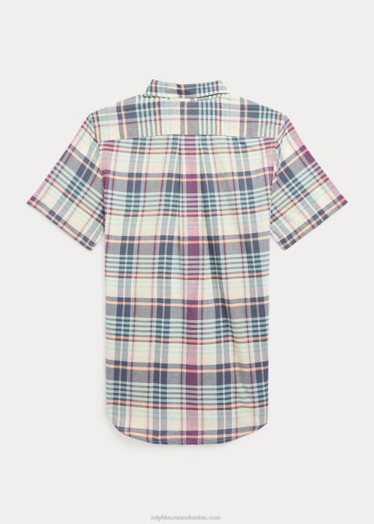 camisa madrás de algodón índigo de manga corta niños crema/azul marino multicolor Ralph Lauren 2XR2V6108