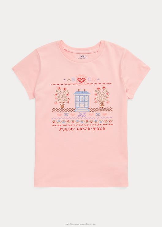camiseta de punto de algodón bordada niños arena rosa Ralph Lauren 2XR2V7596