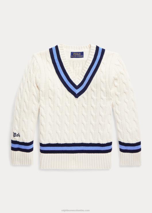 el icónico suéter de críquet niños crema con franja azul marino Ralph Lauren 2XR2V5665