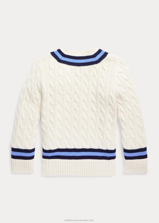 el icónico suéter de críquet niños crema con franja azul marino Ralph Lauren 2XR2V5665