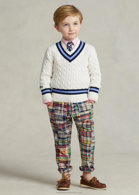 el icónico suéter de críquet niños crema con franja azul marino Ralph Lauren 2XR2V5665
