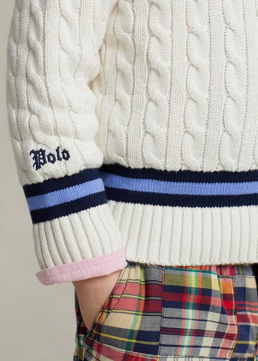 el icónico suéter de críquet niños crema con franja azul marino Ralph Lauren 2XR2V5665