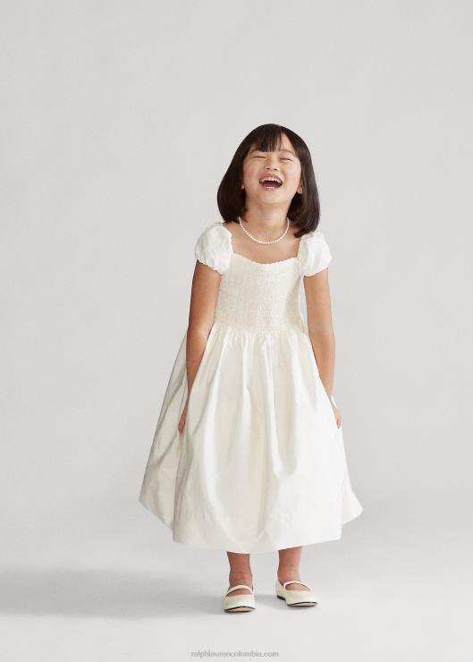 vestido de seda fruncido niños crema de pergamino Ralph Lauren 2XR2V6734