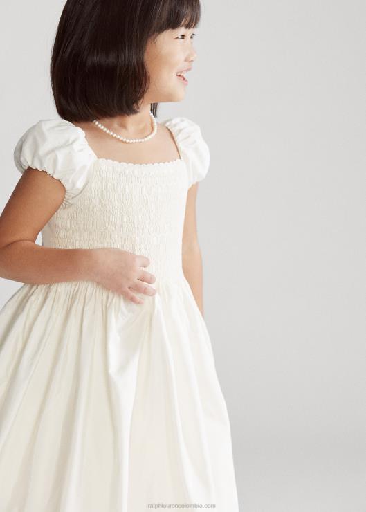 vestido de seda fruncido niños crema de pergamino Ralph Lauren 2XR2V6734
