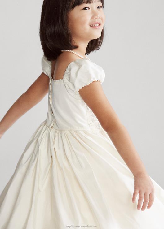 vestido de seda fruncido niños crema de pergamino Ralph Lauren 2XR2V6734