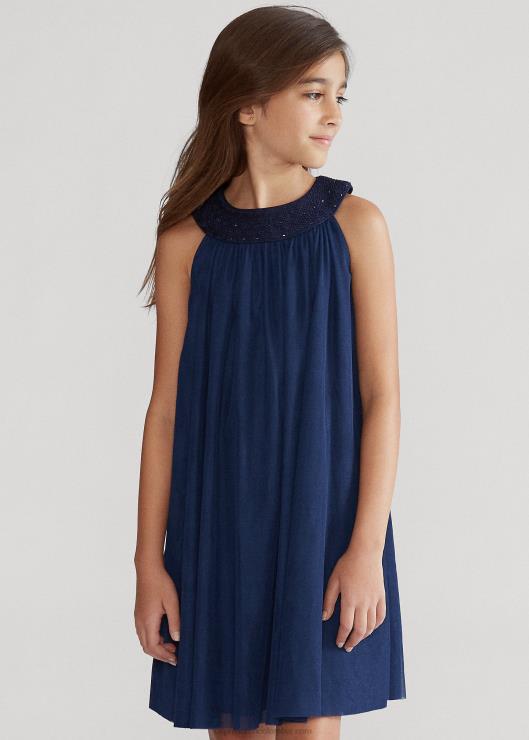 vestido de tul fruncido a mano niños azul marino refinado Ralph Lauren 2XR2V7023