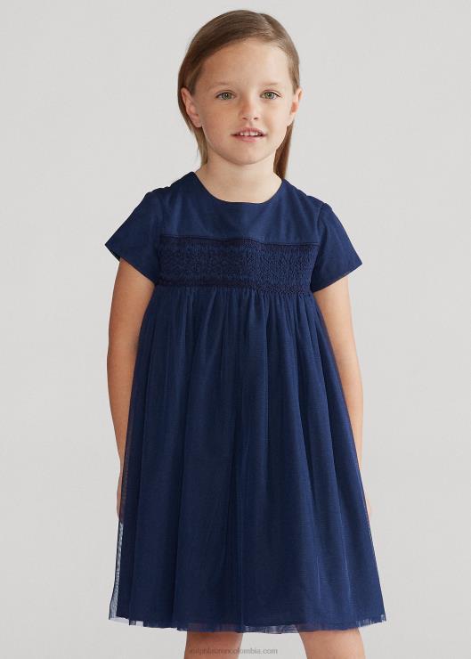 vestido evasé de tul bordado niños azul marino refinado Ralph Lauren 2XR2V6782