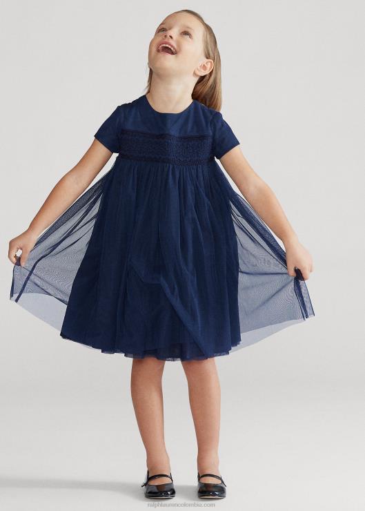 vestido evasé de tul bordado niños azul marino refinado Ralph Lauren 2XR2V6782