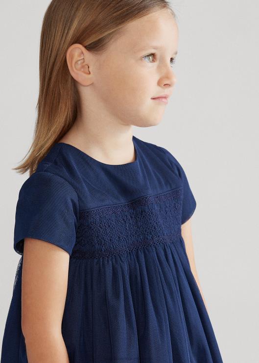 vestido evasé de tul bordado niños azul marino refinado Ralph Lauren 2XR2V6782